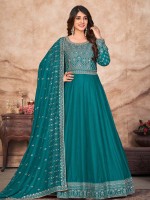 Teal Blue Art Silk Anarkali Salwar Kameez